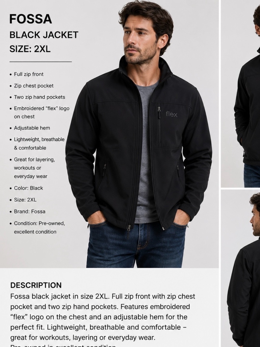 Fossa Men’s Black Full Zip Softshell Jacket Size 2XL